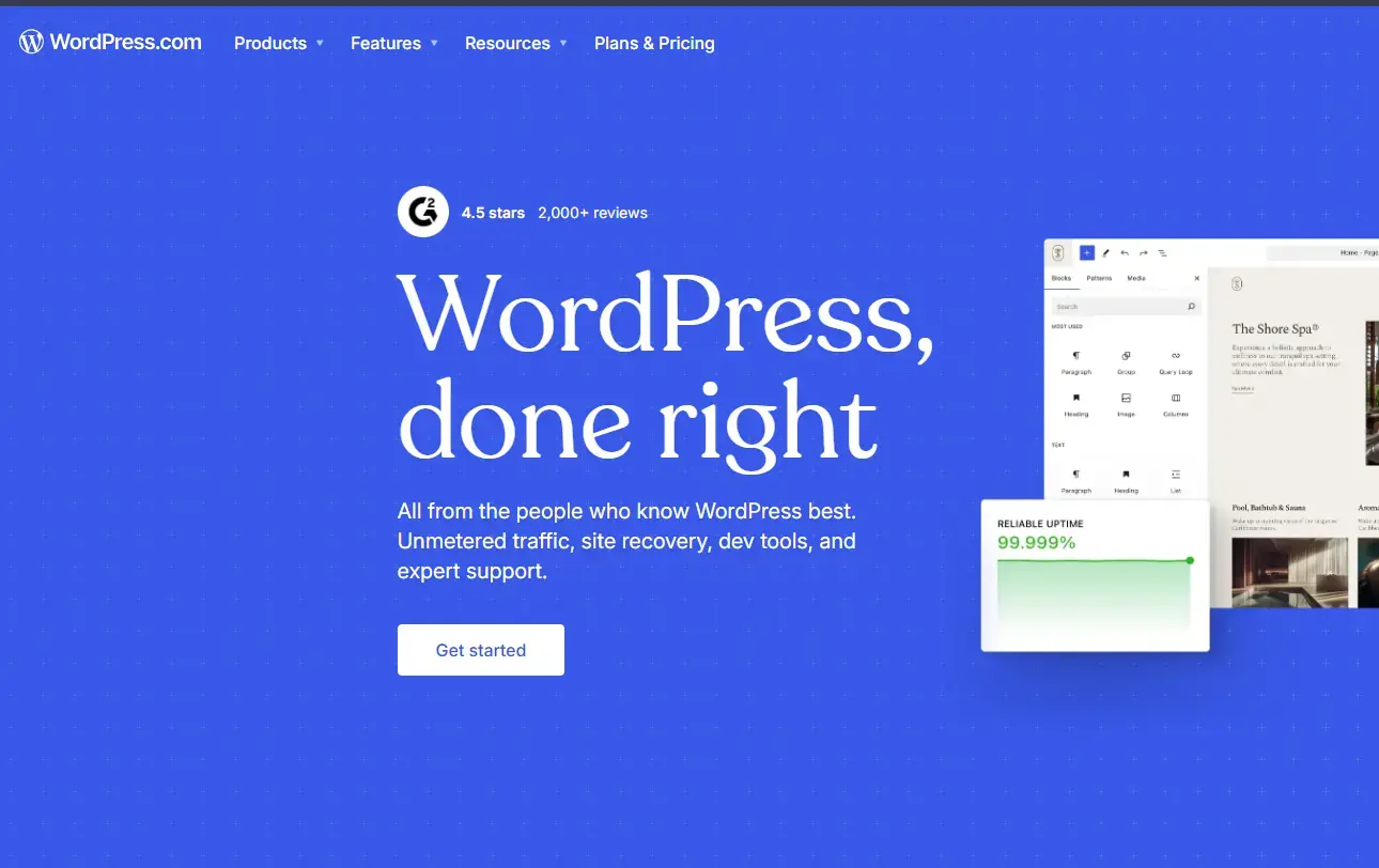 WordPress.com showing the hosted WordPress platform with managed website features
